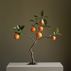 A small orange tree with six oranges and green leaves on a white table against a brown background