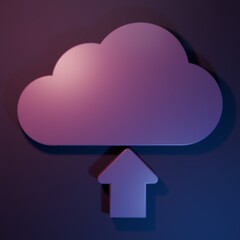 Purple Cloud upload icon isolated on purple-blue background. Minimalism concept. 3D render illustration