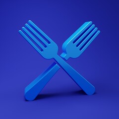 Blue Crossed fork icon isolated on blue background. Cutlery symbol. Minimalism concept. 3D render illustration