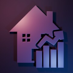 Purple Rising cost of housing icon isolated on purple-blue background. Rising price of real estate. Residential graph increases. Minimalism concept. 3D render illustration