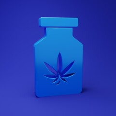 Blue Medical bottle with marijuana or cannabis leaf icon isolated on blue background. Mock up of cannabis oil extracts in jars. Minimalism concept. 3D render illustration