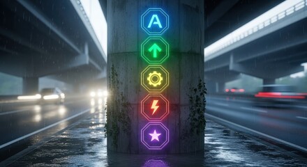 Neon Sign on a Concrete Pillar in the Rain