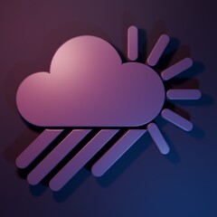 Purple Cloudy with rain and sun icon isolated on purple-blue background. Rain cloud precipitation with rain drops. Minimalism concept. 3D render illustration