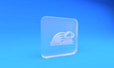 Fototapeta premium Frosted glass Rainbow with clouds icon isolated on blue background. Square frosted glass button. 3D render illustration