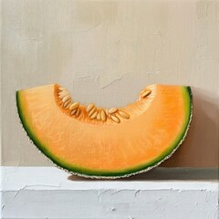 Still life painting of a cantaloupe slice with seeds on a white surface against a neutral backdrop