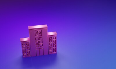 Pink Medical hospital building with cross icon isolated on purple-blue background. Medical center. Health care. Minimalism concept. 3D render illustration