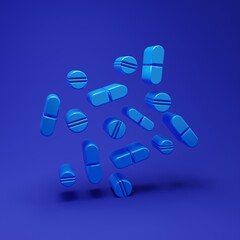 Blue Medicine pill or tablet icon isolated on blue background. Capsule pill and drug sign. Pharmacy design. Minimalism concept. 3D render illustration