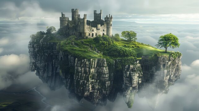 Mystical castle perched on a lush floating island amidst clouds