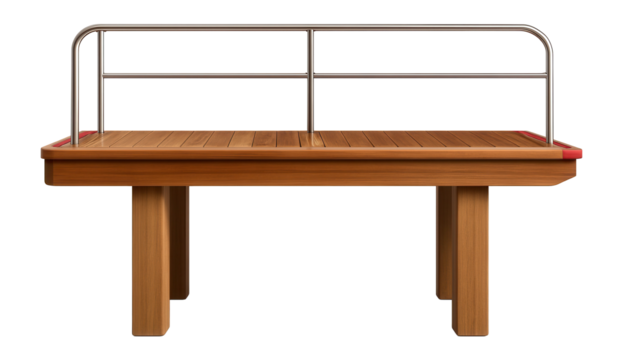 Wooden pier with vertical support beams and handrails