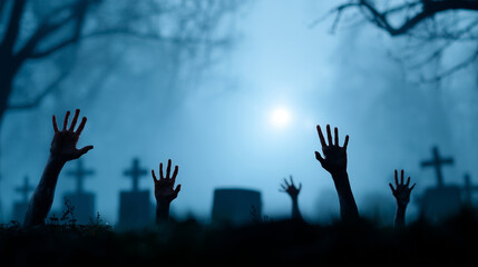 Zombie hands rising from grave in cemetery on foggy night as halloween background