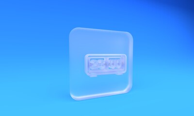 Frosted glass Retro flip clock icon isolated on blue background. Wall flap clock, number counter template, all digits with flips. Square frosted glass button. 3D render illustration