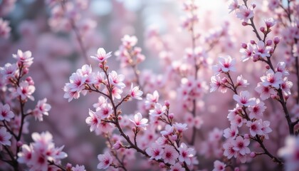 Radiant pink cherry blossoms in full bloom under the warm sunlight pink