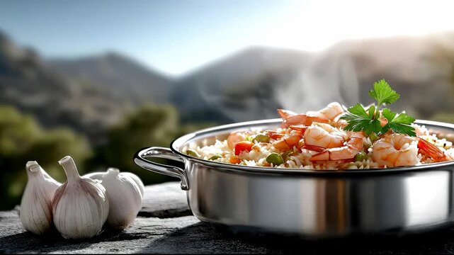 Steam rises from a silver cooking pot filled with rice and shrimp, sitting outdoors at dusk. Three garlic bulbs are next to the pot. A mountain range is visible in the background