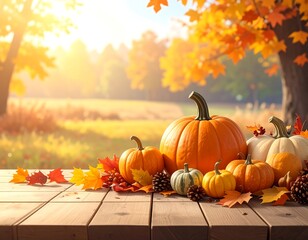 Cozy Autumn Scene Festive Halloween Decoration with Pumpkins, Leaves, and Sunlight