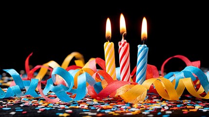 Birthday Candles with Colorful Streamers and Confetti on Black Background