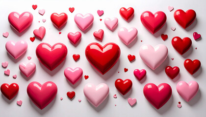 Red and pink hearts scattered on white background love romance