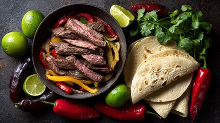 Beef Stir Fry with Vegetables and Tacos with Lime and Chili Peppers on Dark Surface