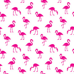 Bright pink flamingos repeat on white in a playful tropical pattern for fabric or wallpaper
