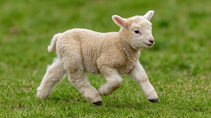 Adorable fluffy lamb calf running on green grass field with blurred background in bright natural daylight for farm animal photos