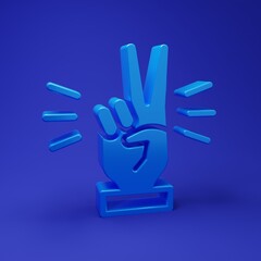Blue Hand showing two finger icon isolated on blue background. Victory hand sign. Minimalism concept. 3D render illustration