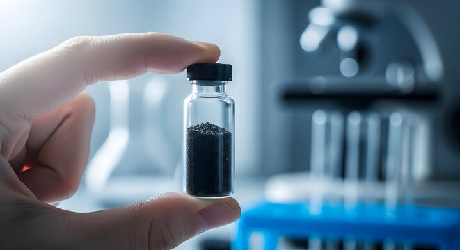 Scientist holding a sample vial of black powder in a laboratory setting scientific research discovery innovation technology experiment analysis