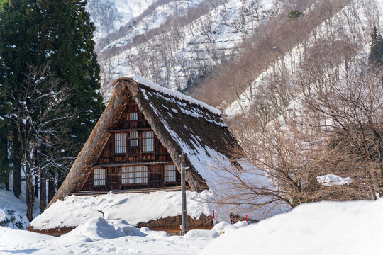A close-up of a traditional gassho-zukuri house in the Suganuma World Heritage village, showing the detail of the thatched roof and snow. Nanto, Toyama, Japan.