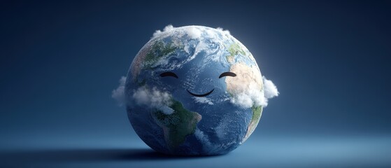 Adorable cartoon Earth with smiling face and fluffy clouds on dark background symbolizing environmental awareness and global kindness