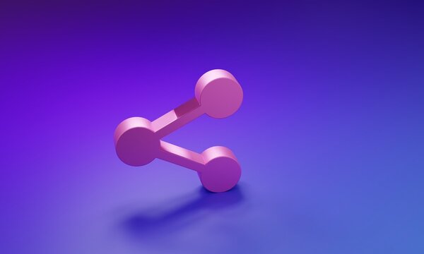 Pink Share icon isolated on purple-blue background. Share, sharing, communication pictogram, social media, connection, network, distribute sign. Minimalism concept. 3D render illustration