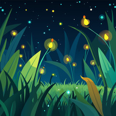 night landscape with flowers and butterflies