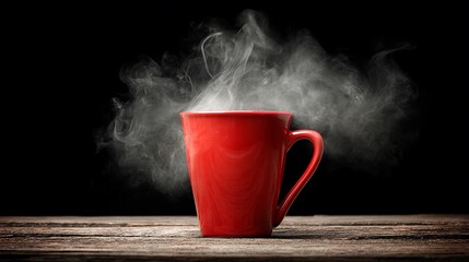 Red Ceramic Coffee Mug with Steam Rising on Wooden Surface in Dark Background