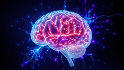 Illuminated brain with glowing connections and electric current on a dark blue background design concept