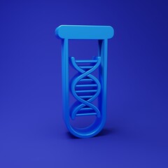 Blue DNA research, search icon isolated on blue background. Genetic engineering, genetics testing, cloning, paternity testing. Minimalism concept. 3D render illustration