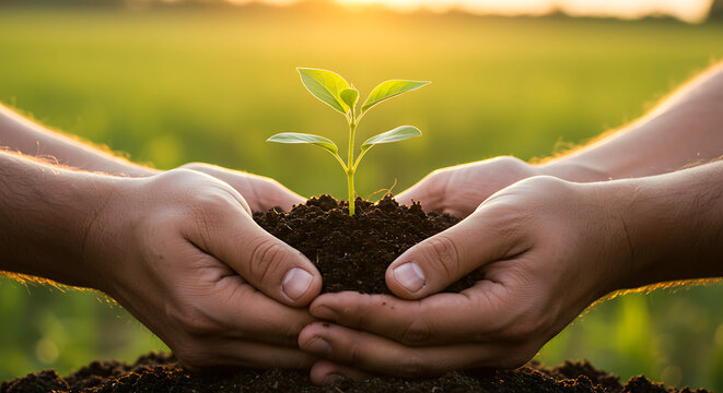 Two people carefully holding a young green plant in rich soil, symbolizing growth, new beginnings, and environmental care