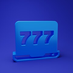 Blue Laptop and slot machine with lucky sevens jackpot icon isolated on blue background. Online casino. Minimalism concept. 3D render illustration