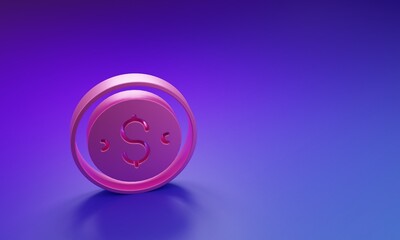 Pink Coin money with dollar symbol icon isolated on purple-blue background. Banking currency sign. Cash symbol. Minimalism concept. 3D render illustration