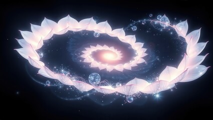 Ethereal floral spiral with glowing center and floating bubbles against a dark background