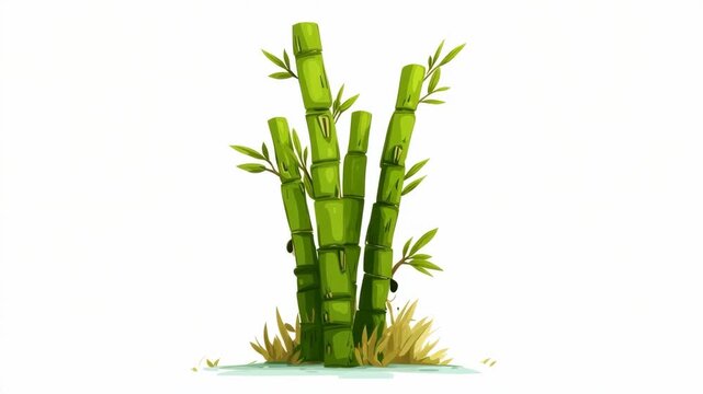 Green bamboo stalks with leaves surrounded by grass, cartoon style on white background. Concept of nature, growth, and sustainability