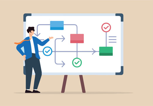 Flat illustration of businessman leader present workflow and procedure on board outlining steps to finish project