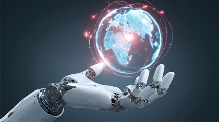 Futuristic robotic hand holding a glowing digital globe of Earth with interconnected network and technology elements in a dark background