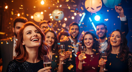 Obraz premium Celebrate the New Year with Friends Happy New Year Party Cheers Celebration Festive Friends Friendship Togetherness Joyful Moments New Years Eve Party Night Club