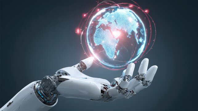 Futuristic robotic hand holding a glowing digital globe of Earth with interconnected network and technology elements in a dark background