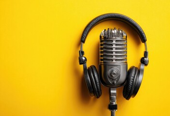 Vintage microphone and headphones on a vibrant yellow background