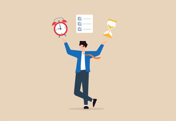 Flat illustration of businessman juggling alarm clock, hourglass, and checklist to manage business time pressure and schedule