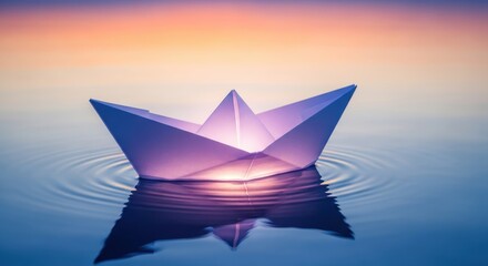 Obraz premium Paper Boat Floating on Water at Sunset - Serene Peaceful Scene