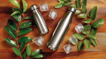 Stainless Steel Water Bottles with Green Leaves and Ice Cubes on Wooden Surface