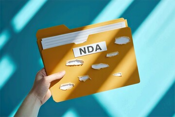 Fototapeta premium Hand hold torn NDA file folder. Confidentiality breach