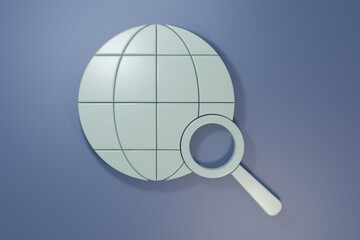 Grey Magnifying glass with globe icon isolated on purple-blue background. Analyzing the world. Global search sign. Minimalism concept. 3D render illustration