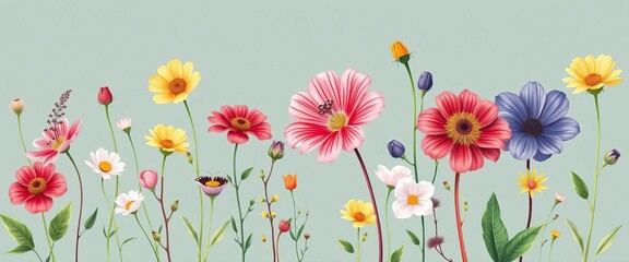 Elegant botanical illustrations of diverse flowers, perfect for posters, cards, and banners,  drawing,  bouquet