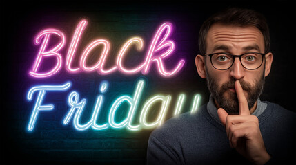 Secret of Black Friday: A man in glasses holds finger to lips, hinting at secrets or an exclusive promotion, under the glowing neon of the Black Friday sales season. 