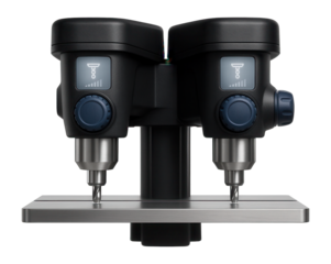 Dual-head multi-spindle drill with independent spindle speed settings and a shared worktable for custom furniture manufacturing